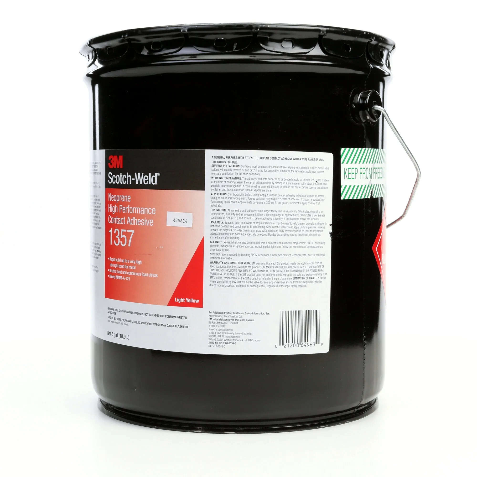 3M Neoprene High Performance Contact Adhesive 1357, Light Yellow, 5Gallon