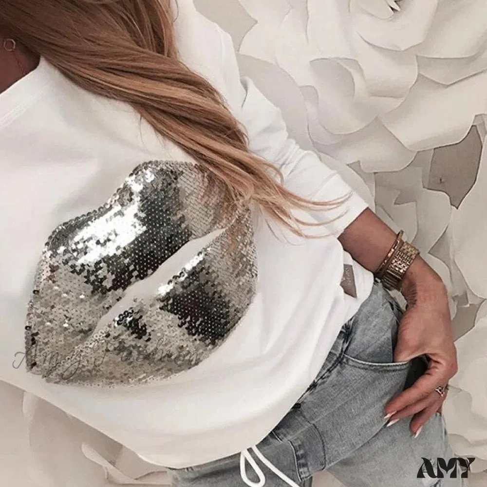 Amy Fashion - Sequined Long Sleeve Patchwork Loose Glitter Pullover