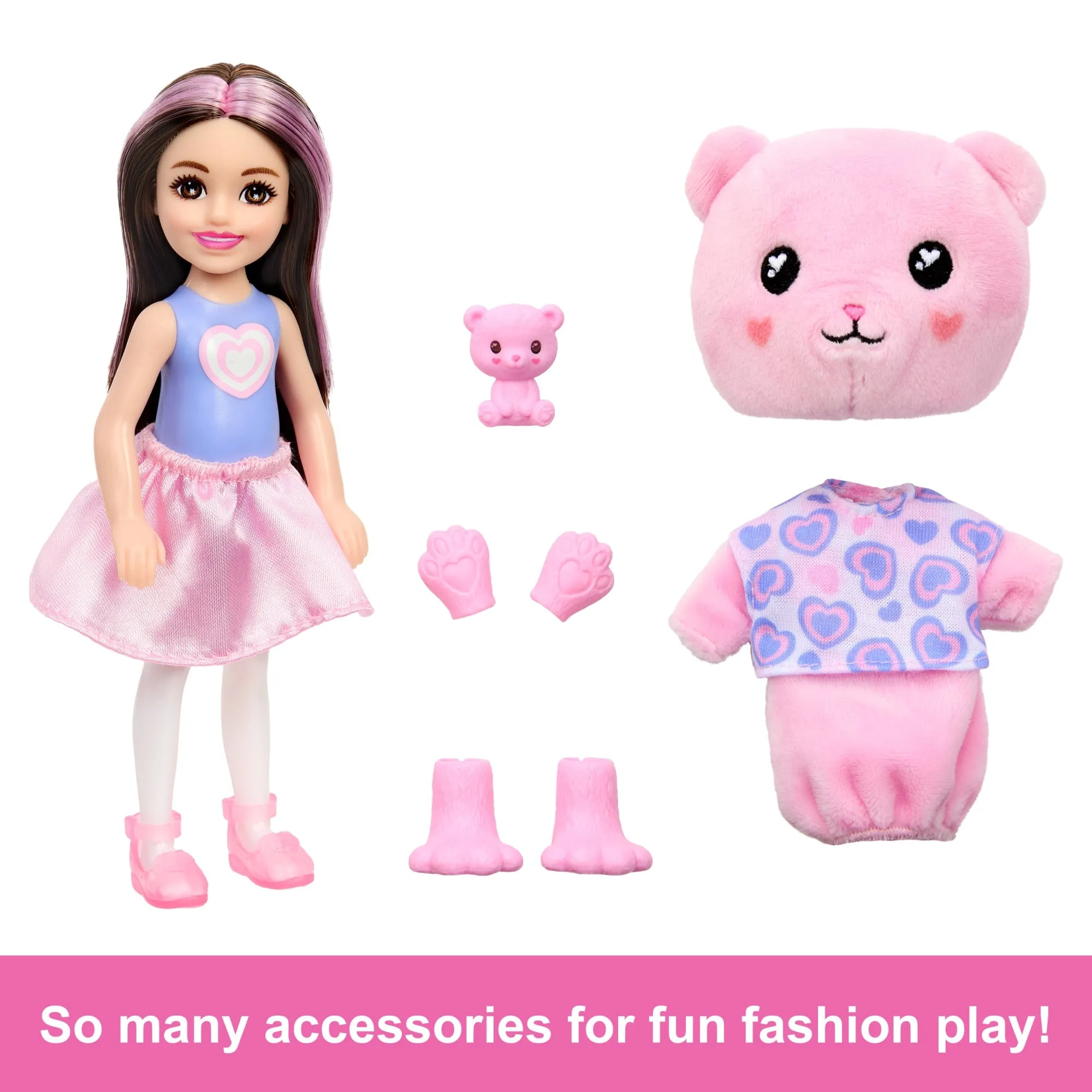 Barbie Cutie Reveal Cozy Cute Tees Series Chelsea Doll & Accessories, Plush Teddy Bear, Brunette Small Doll