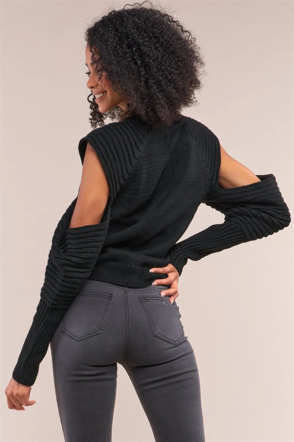 Black Knit Ribbed Neck Long Pleated Sleeve Cut-Out Detail Cropped Sweater