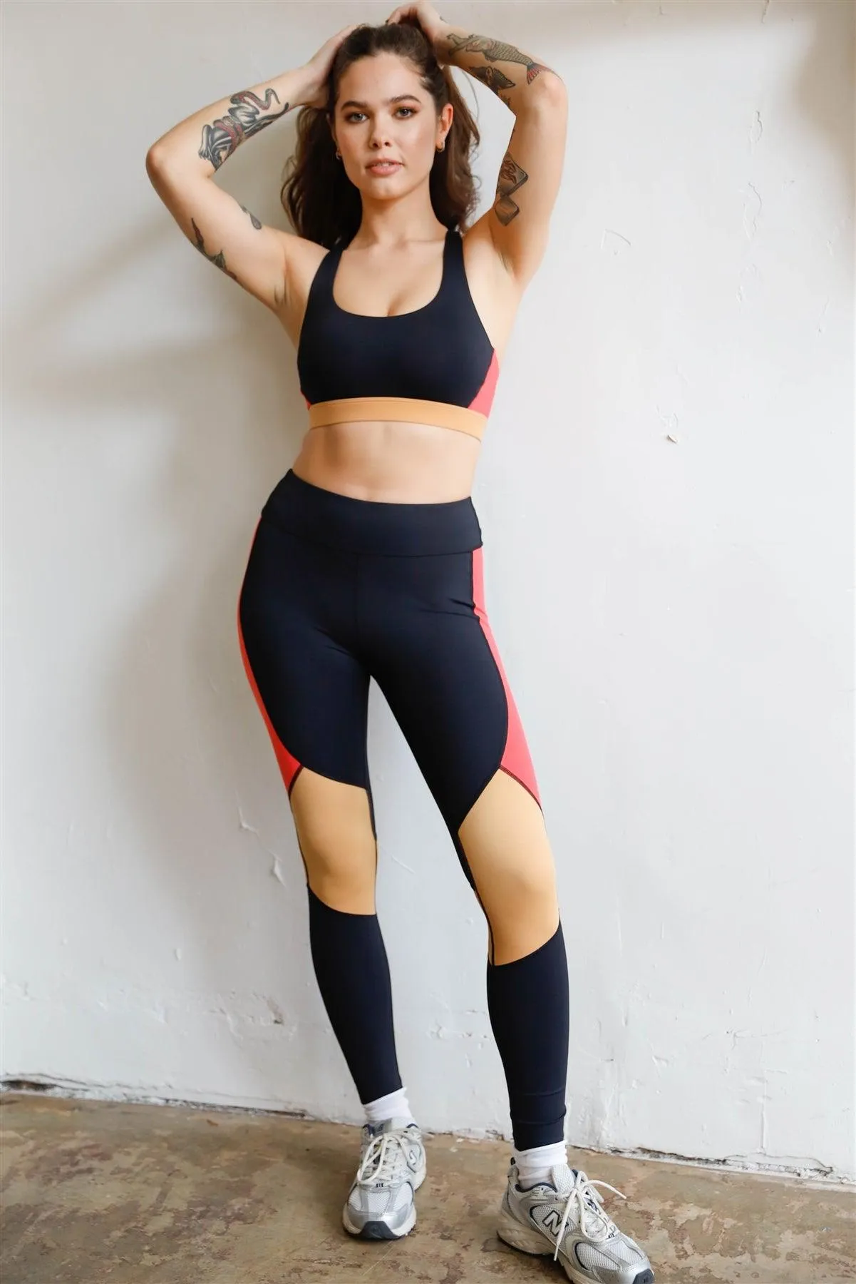 Black Multi Color Block Racerback Strap Classic Silhouette Sports Bra Activewear Top / XS-L/3-1