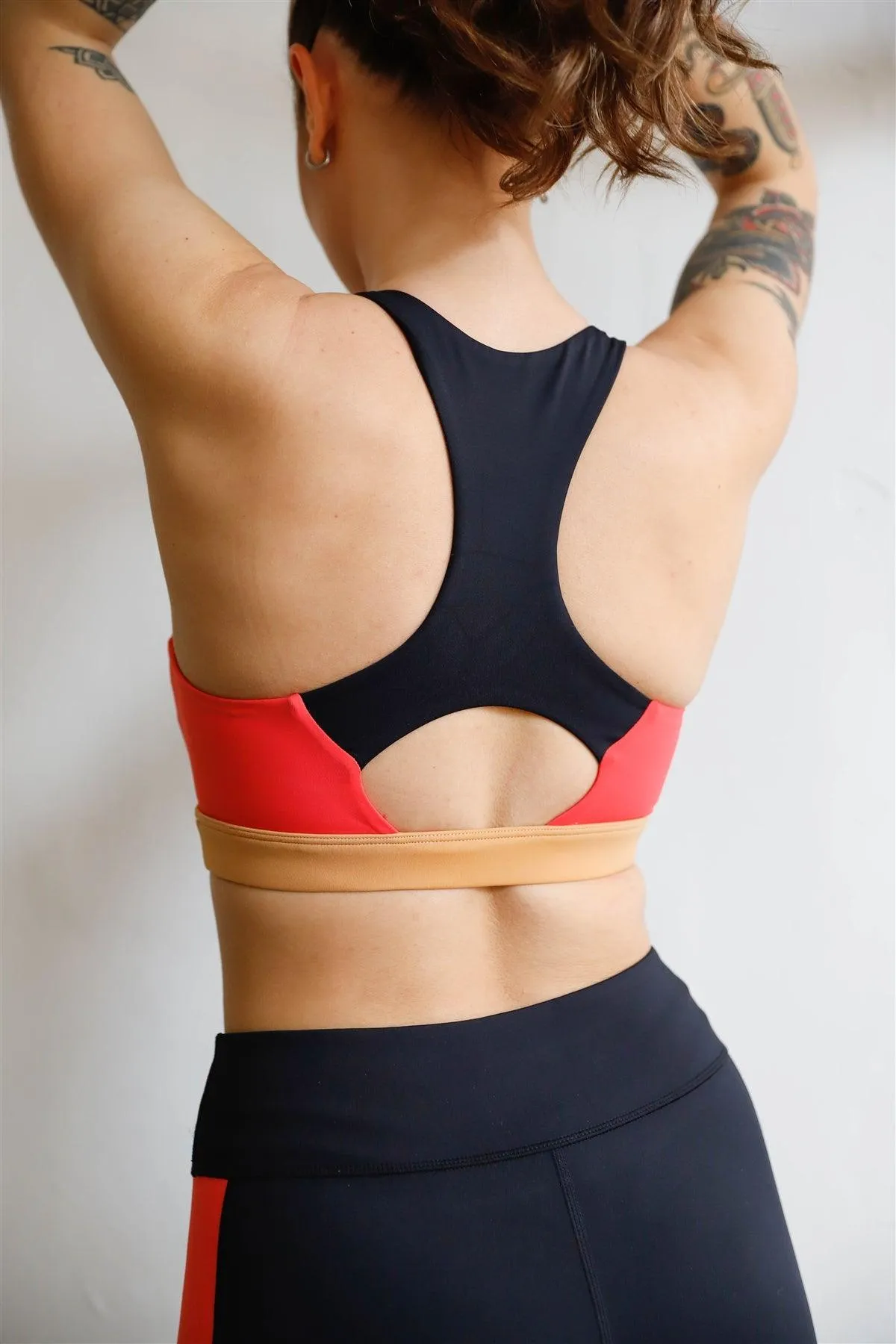 Black Multi Color Block Racerback Strap Classic Silhouette Sports Bra Activewear Top / XS-L/3-1