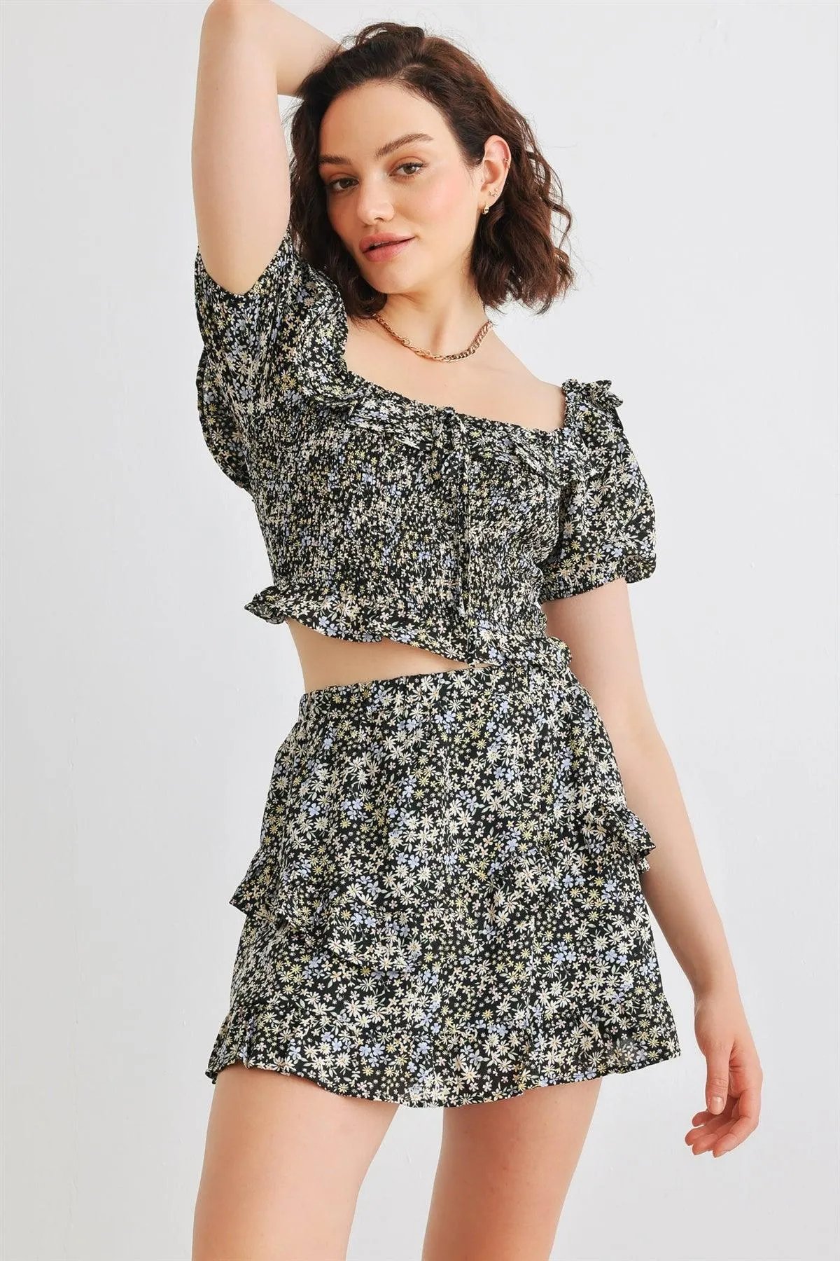 Black Multi Floral Smocked Collared Neck Short Sleeve Crop Top & High Waist Tiered Skirt Set /3-2-1