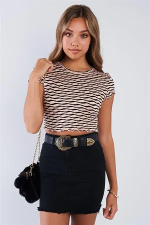 Blush & Black Textured Retro Striped Ruffled Hem Crop Tee