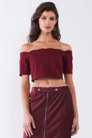 Burgundy Scallop Hem Off-The-Shoulder Short Sleeve Cropped Top /1-1-2-1