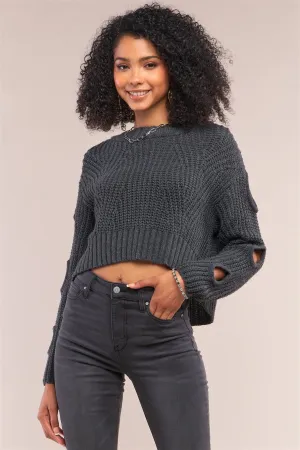 Charcoal Round Neck Long Cut-Out Detail Sleeve Cable Knit Cropped Sweater /4-2