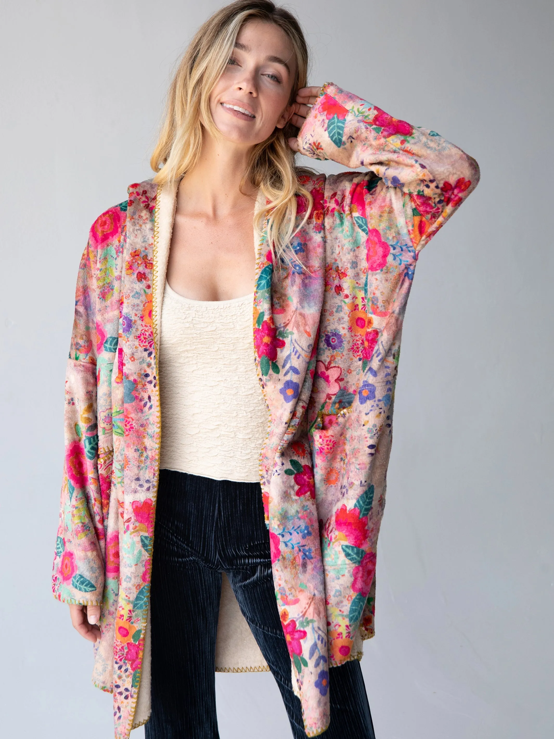 Cozy Blanket Kimono - Taupe Ditsy