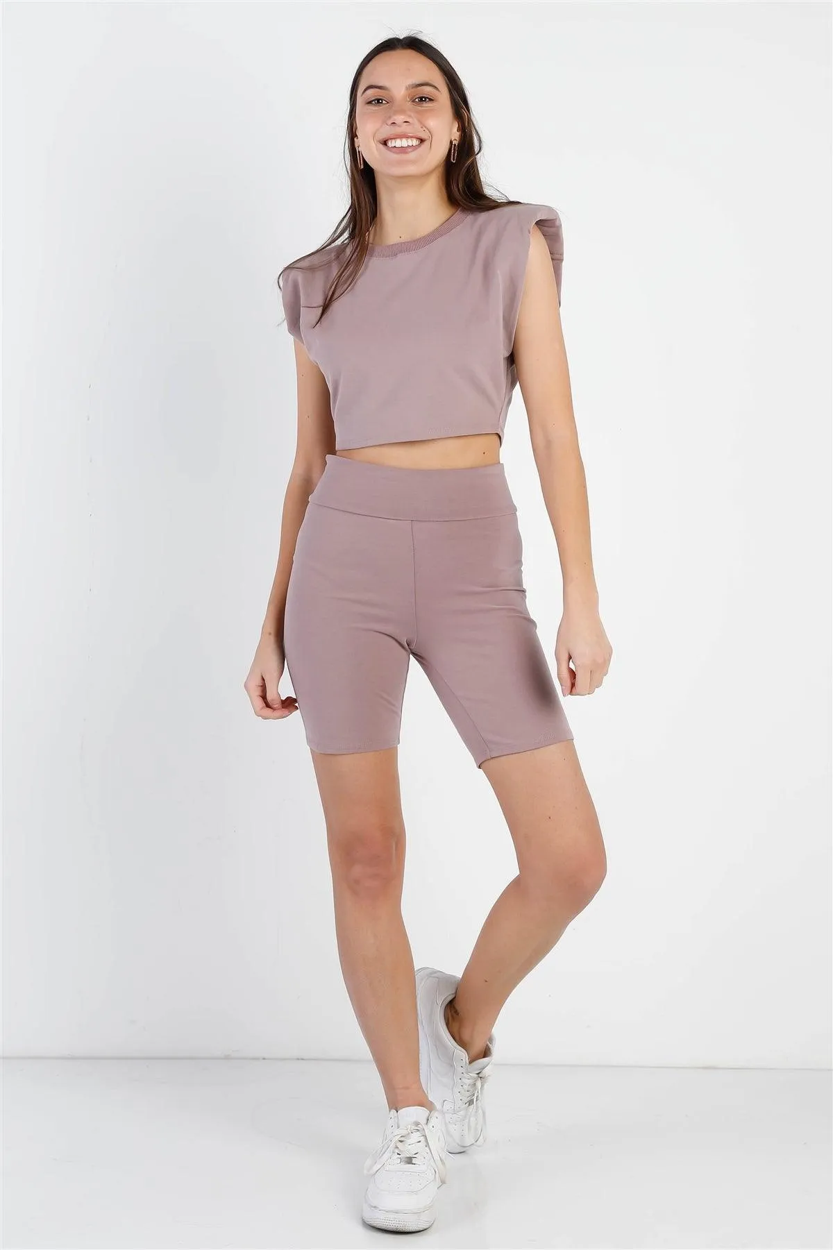 Dark Mauve Padded Shoulder Crop Top & Biker Short Set