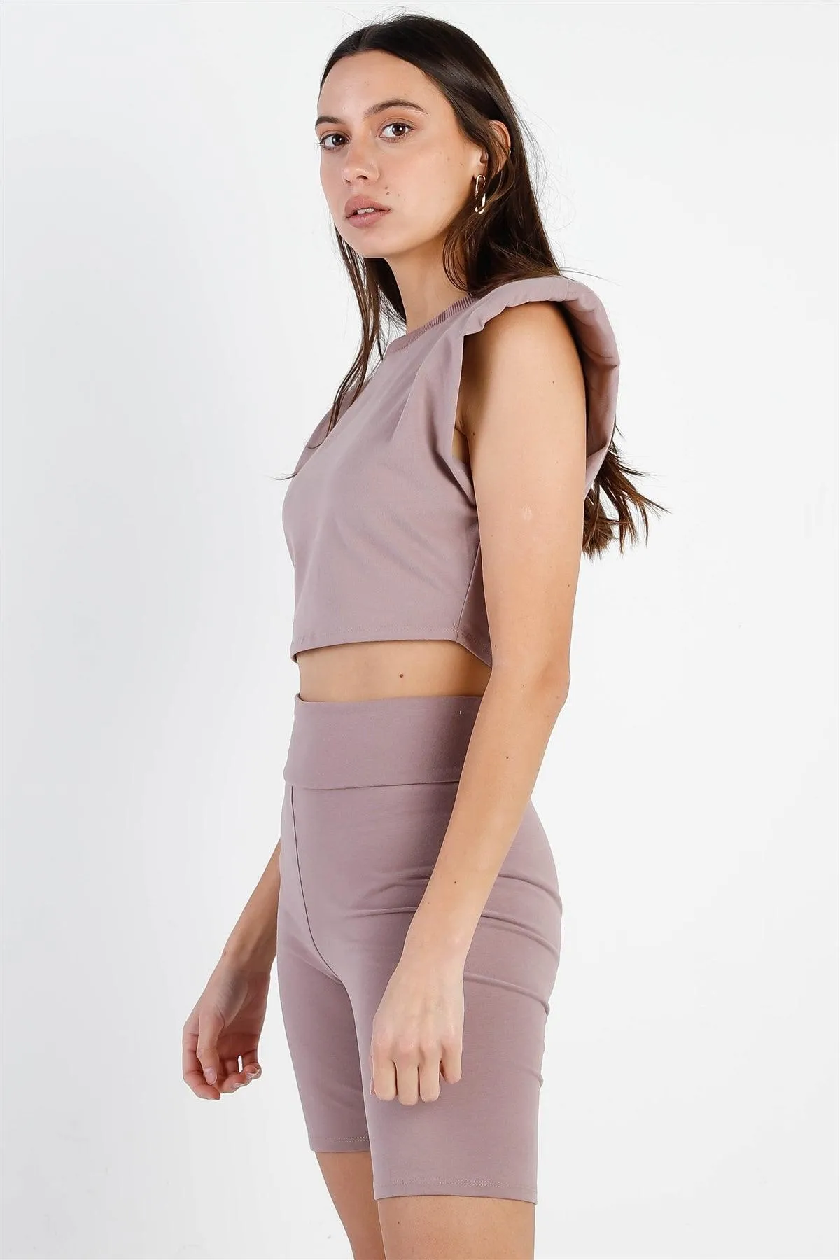 Dark Mauve Padded Shoulder Crop Top & Biker Short Set