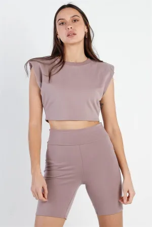 Dark Mauve Padded Shoulder Crop Top & Biker Short Set