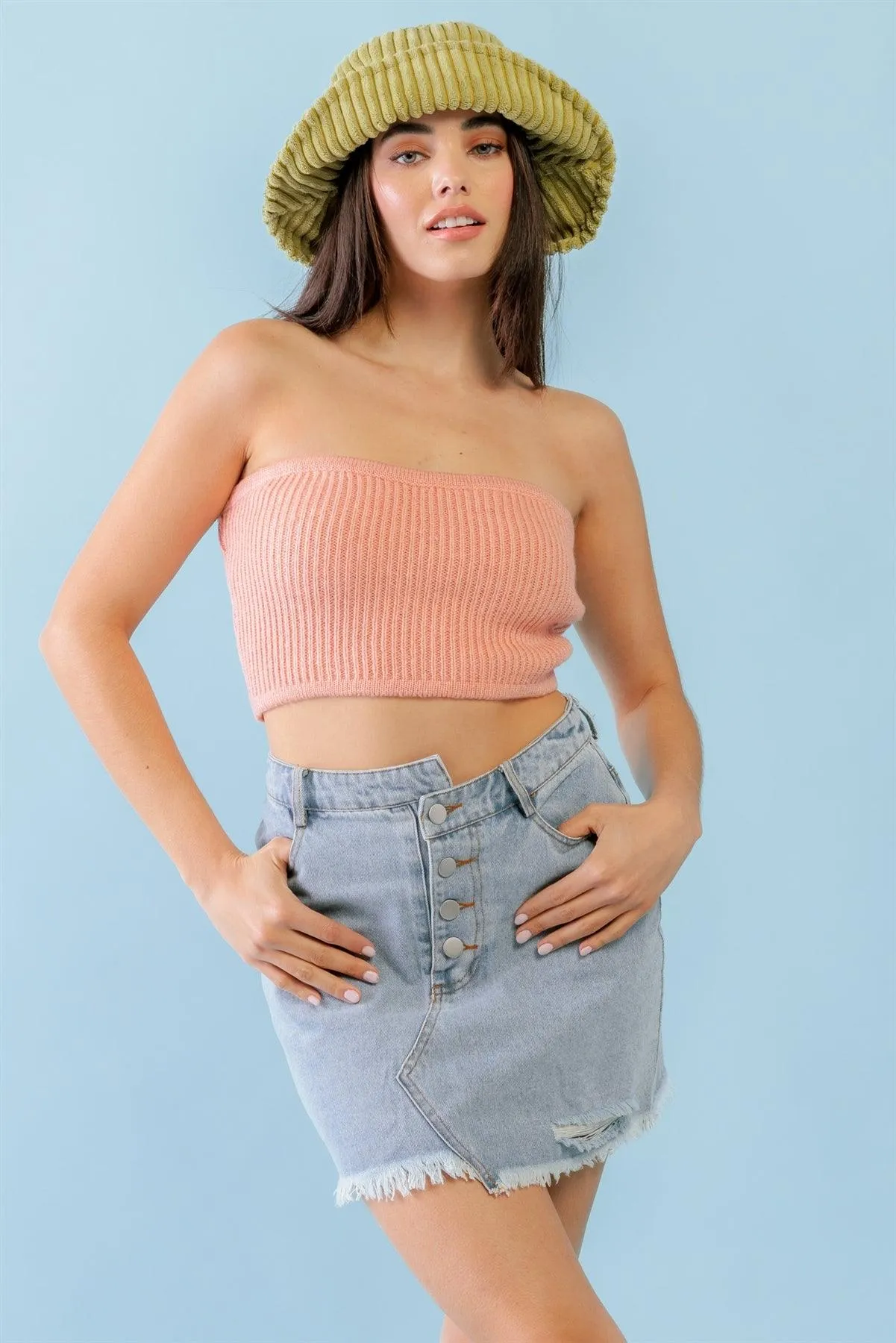 Dusty Peach Knit Strapless Crop Top /1-2-1