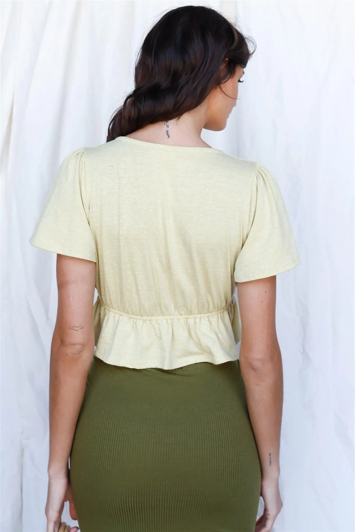 Dusty Yellow Elasticize Waist V-Neck Short Sleeve Top /4-2-1