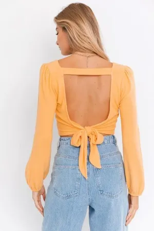 Dusty Yellow Long Sleeves Open Back Tie Crop Top /3-2-1