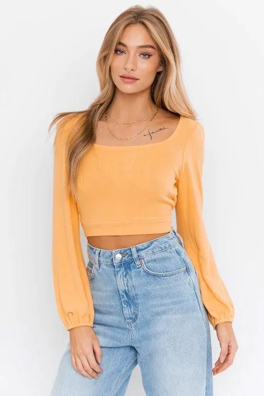 Dusty Yellow Long Sleeves Open Back Tie Crop Top /3-2-1