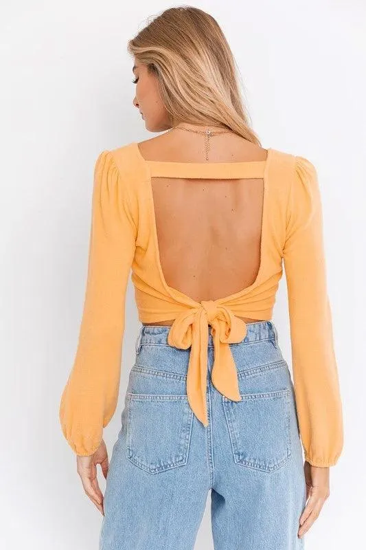 Dusty Yellow Long Sleeves Open Back Tie Crop Top /3-2-1