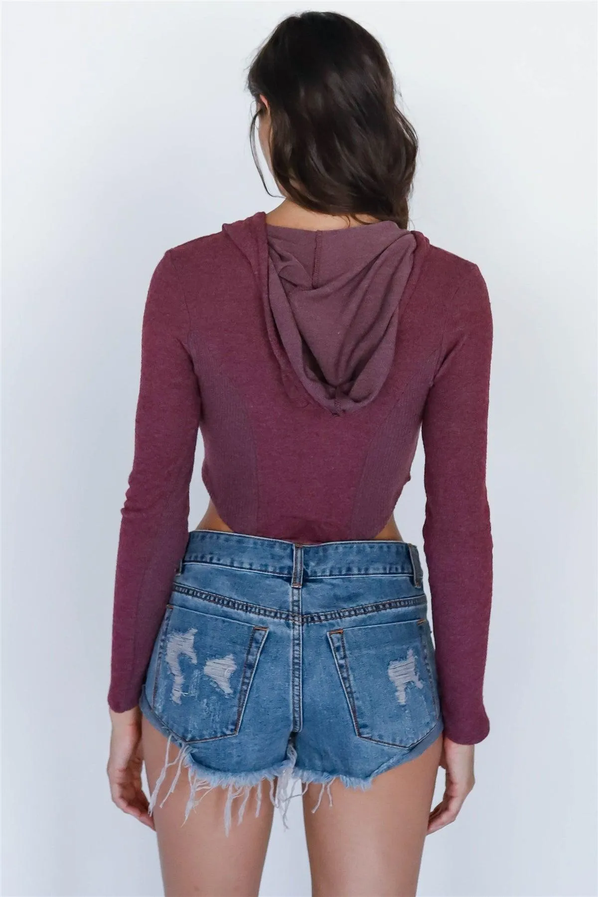 Eggplant Flannel Zip-Up Hooded Crop Top /4-2-1