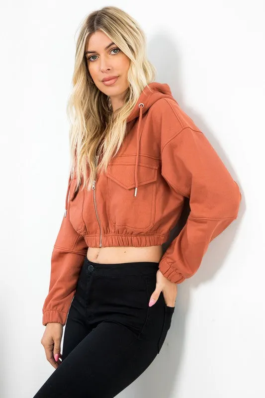 Fleece Zip Up Hoodie Crop Jacket