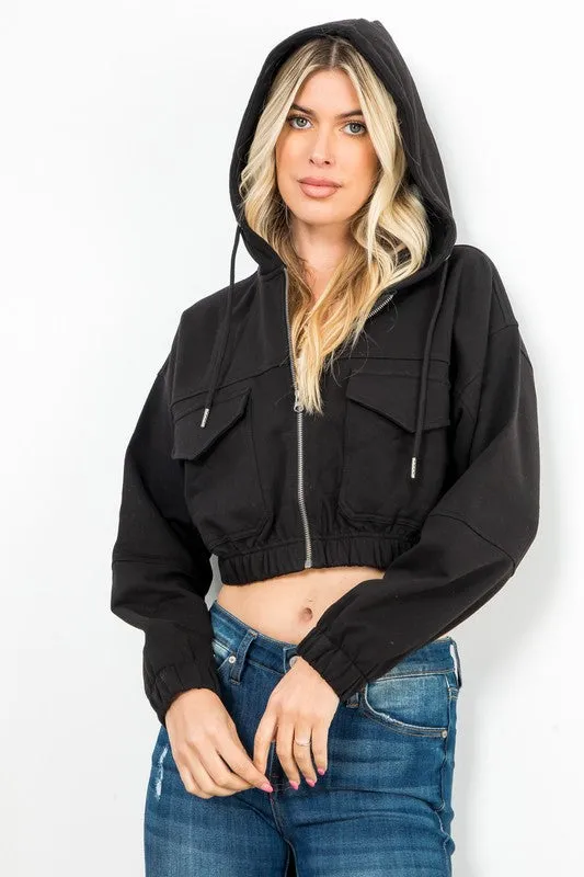 Fleece Zip Up Hoodie Crop Jacket