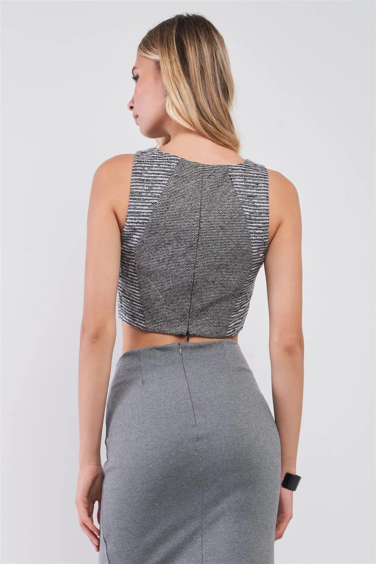 Grey & Black Tweed Glitter Weave Sleeveless Crew Neck Cut-Out Crop Top /3-2