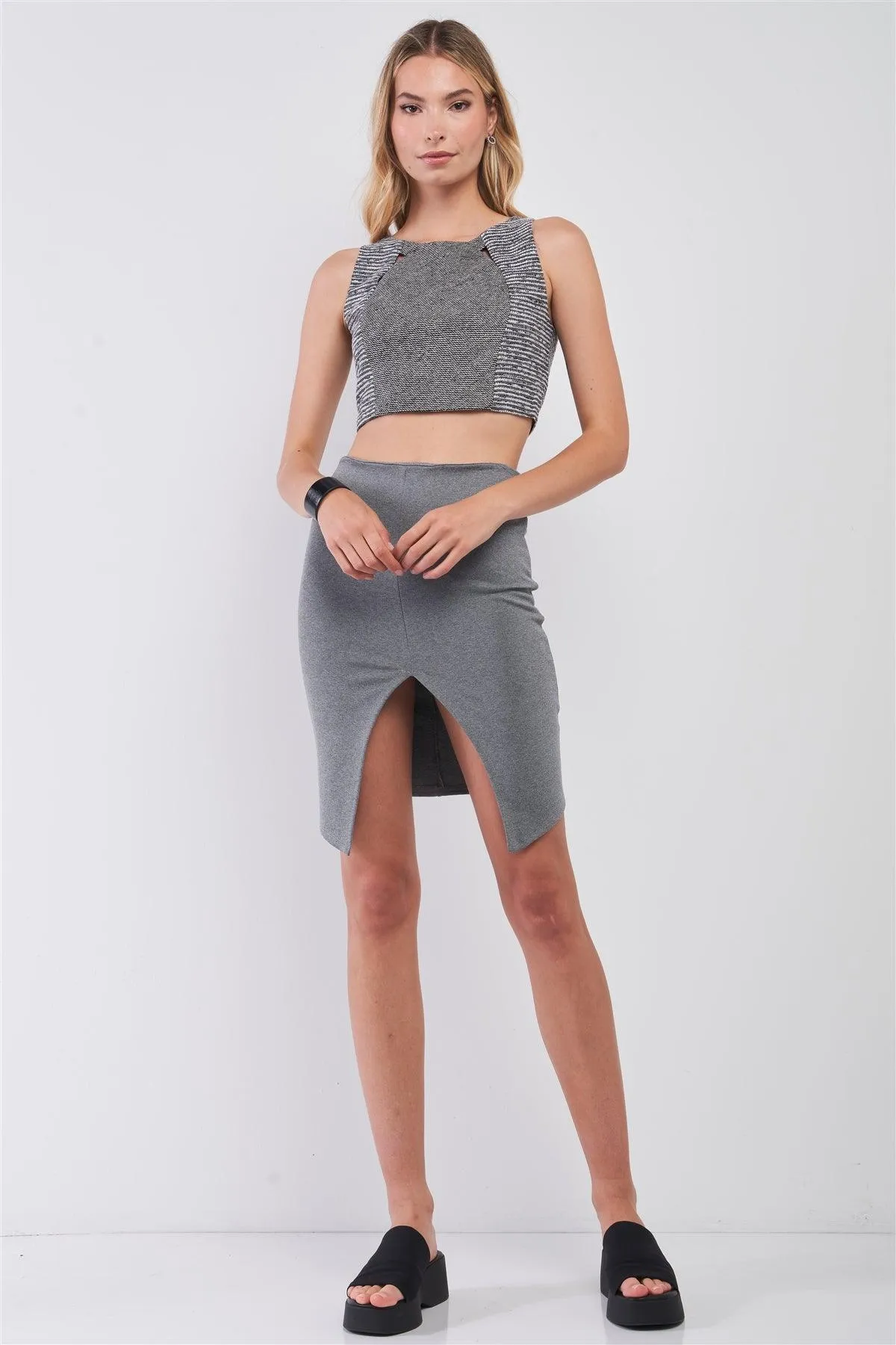 Grey & Black Tweed Glitter Weave Sleeveless Crew Neck Cut-Out Crop Top /3-2