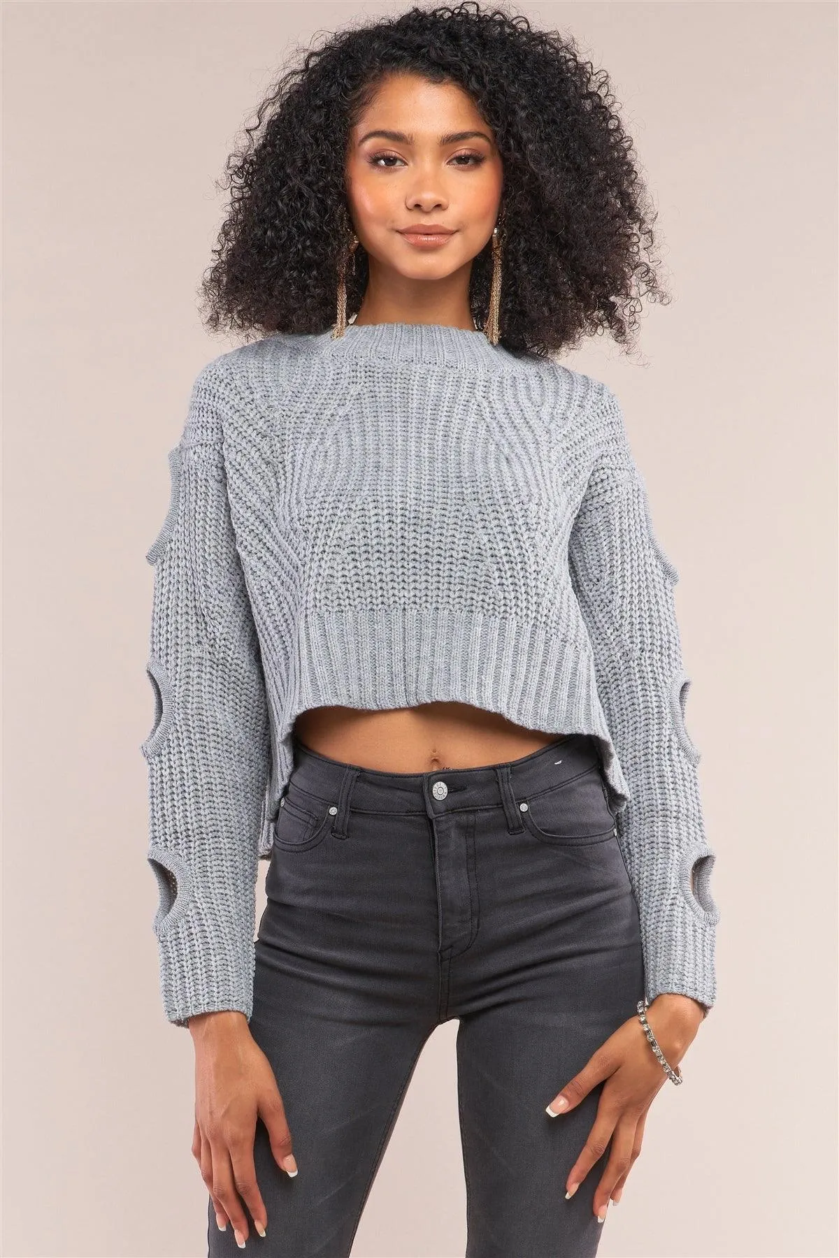 Grey Round Neck Long Cut-Out Detail Sleeve Cable Knit Cropped Sweater