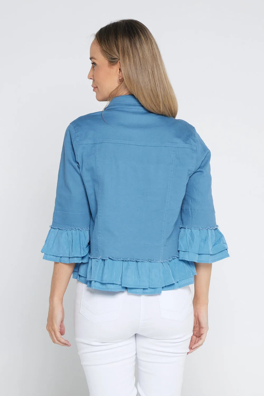 Leelah Cropped Ruffle Denim Jacket - Blue