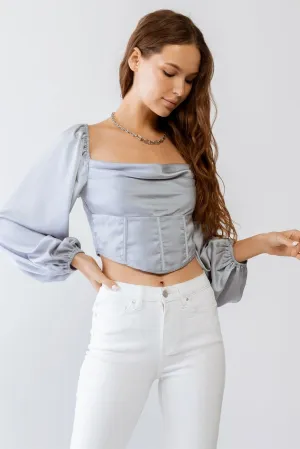 Light Blue Satin Effect Corset Cowl Neck Long Sleeve Crop Top /3-2-1