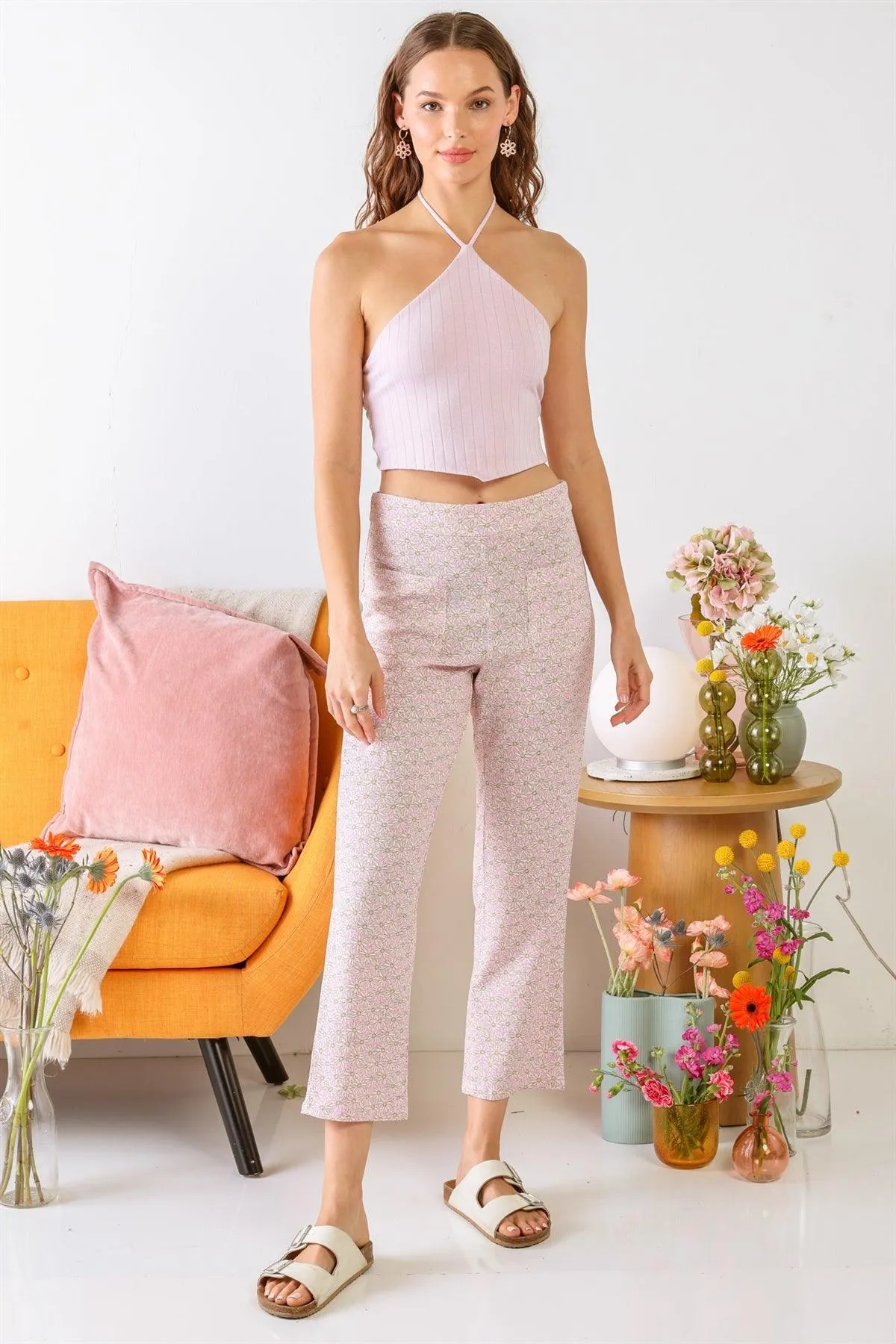 Lilac Ribbed Halter Neck Strappy Self-Tie Back Crop Top /3-2-1