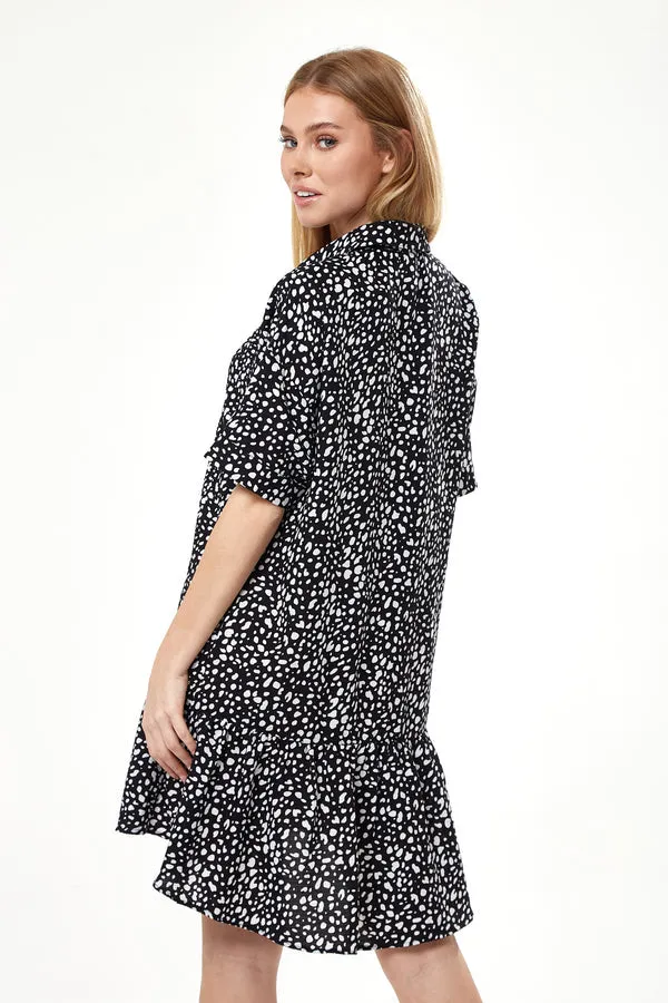 Liquorish Black And White Animal Print Mini Shirt Dress