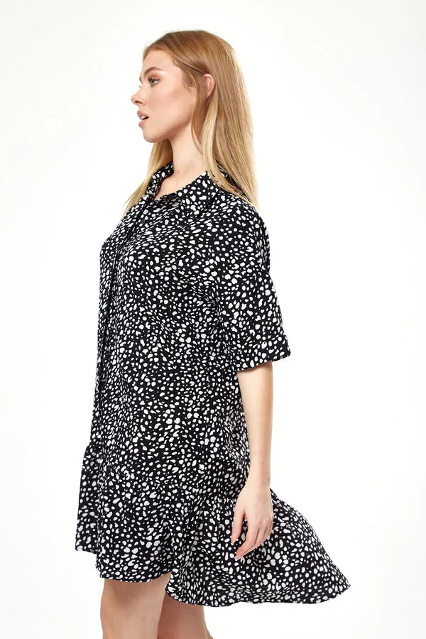 Liquorish Black And White Animal Print Mini Shirt Dress