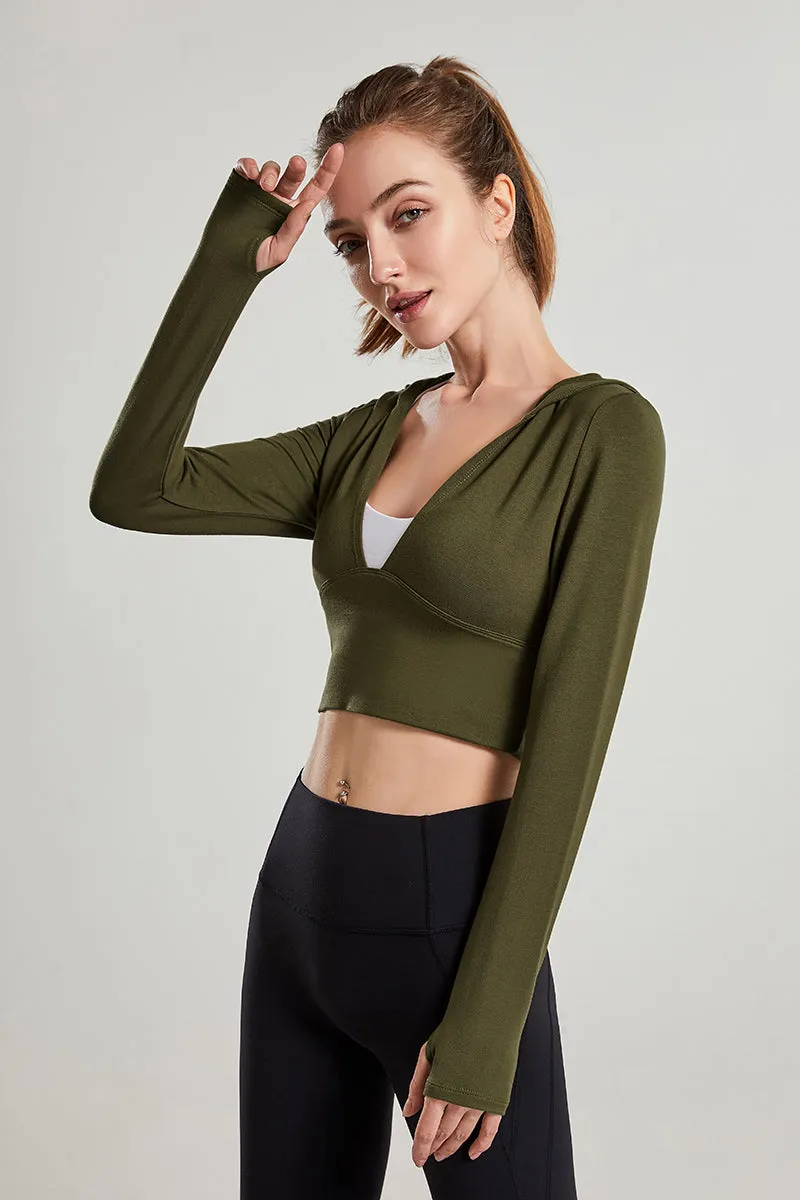 Long Sleeves V-Neck Cropped Hoodie