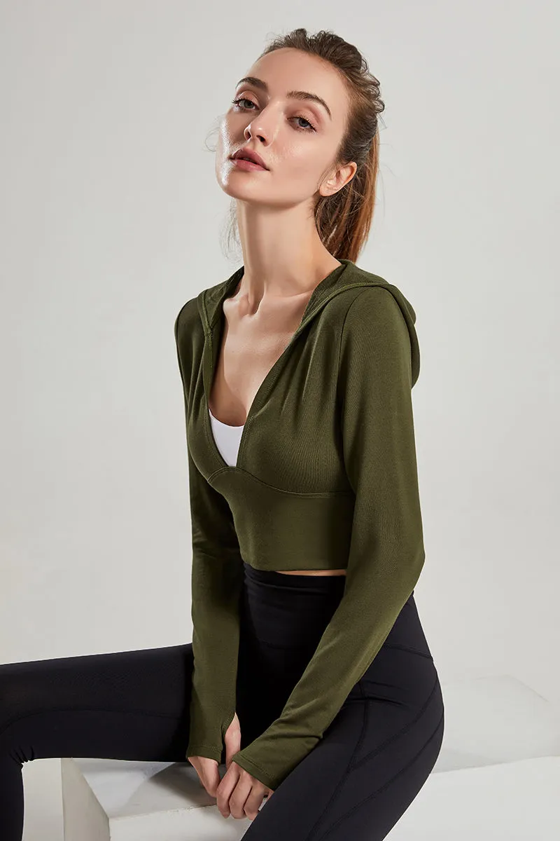 Long Sleeves V-Neck Cropped Hoodie