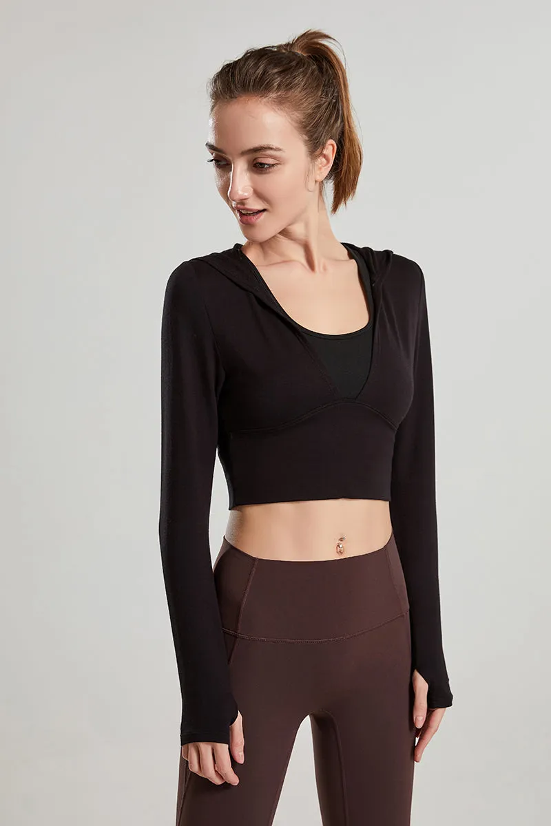 Long Sleeves V-Neck Cropped Hoodie