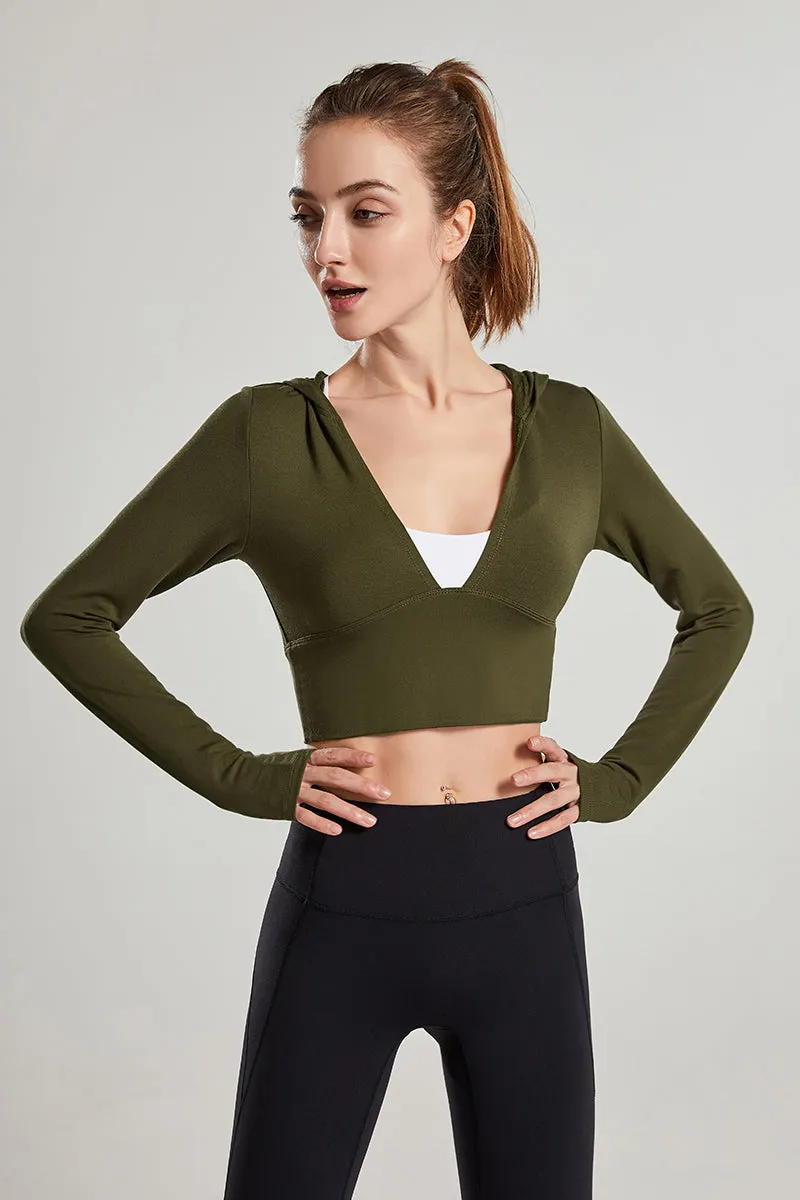 Long Sleeves V-Neck Cropped Hoodie