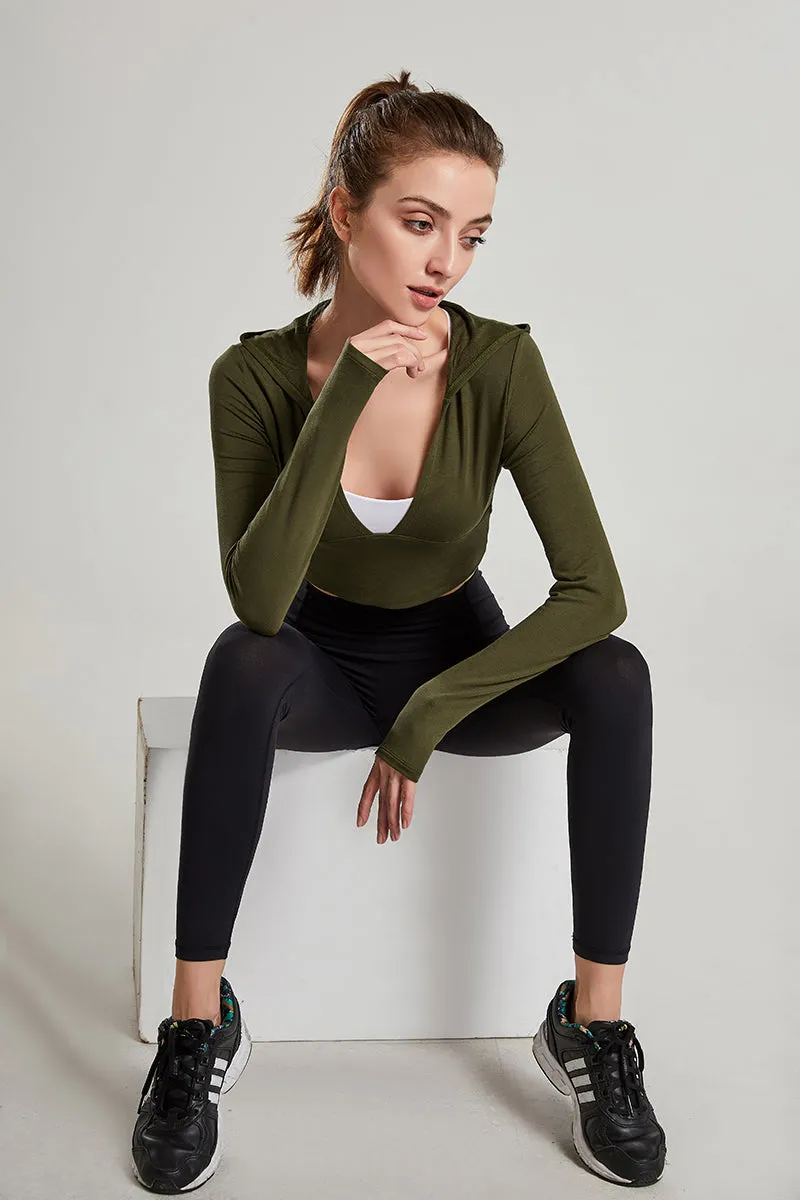 Long Sleeves V-Neck Cropped Hoodie