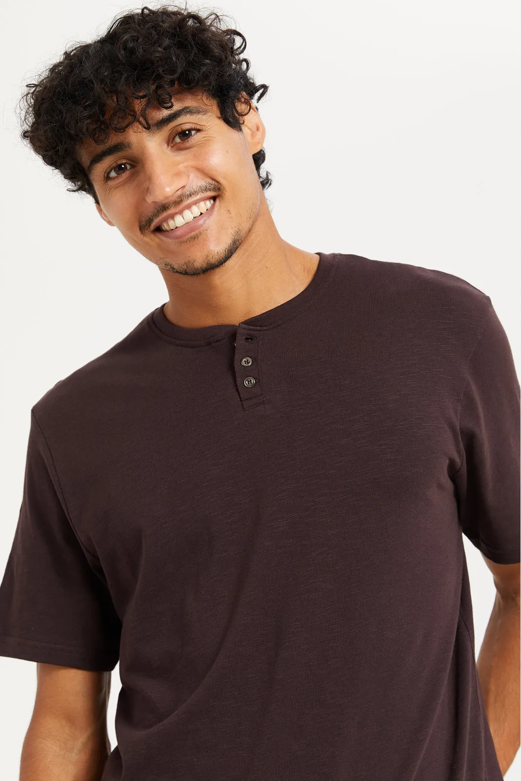 Men Burgundy Henley T-Shirt