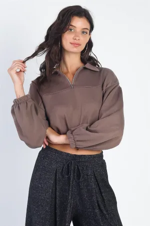 Mocha Zip-Up Collared Long Sleeve Crop Sweater /3-2-1