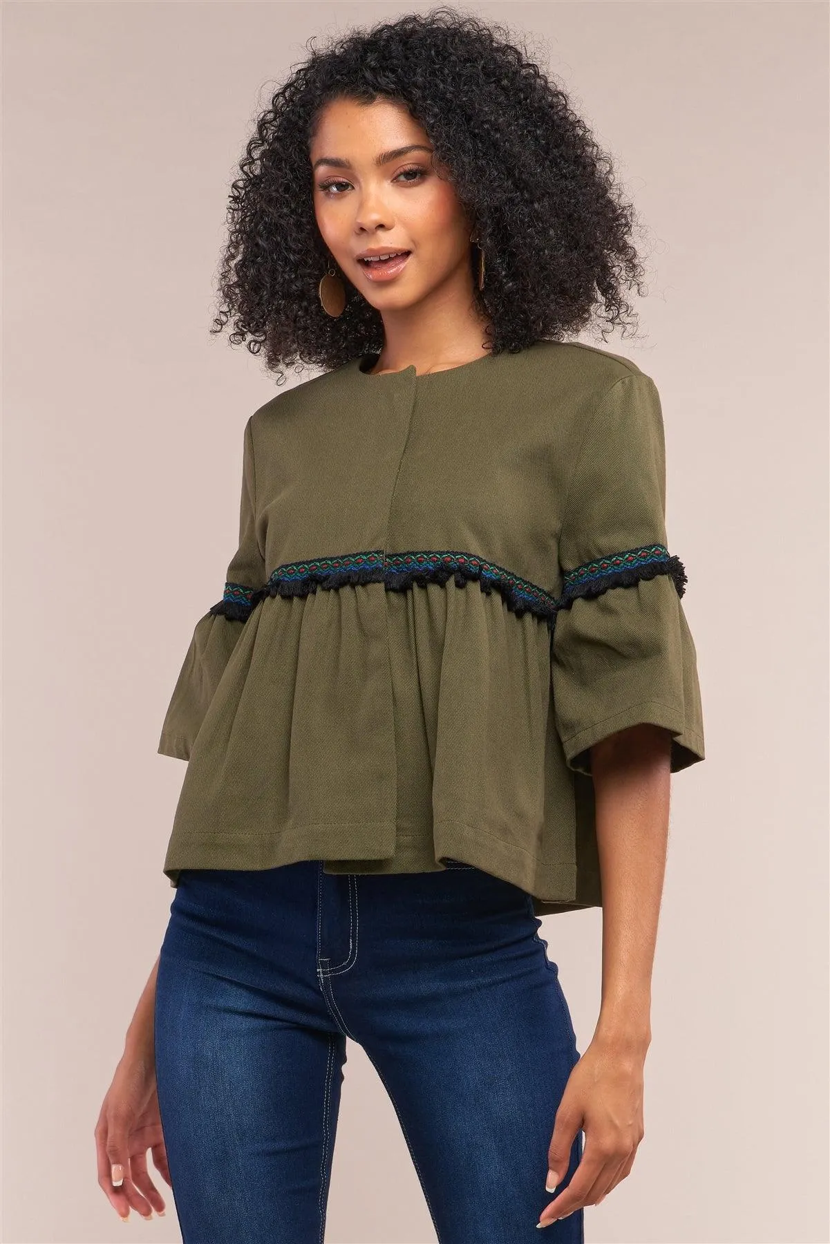 Olive Multicolor Embroidery Shredded Trim Detail Midi Bell Sleeve Crew Neck Flare Cropped Jacket /1-2-3-1