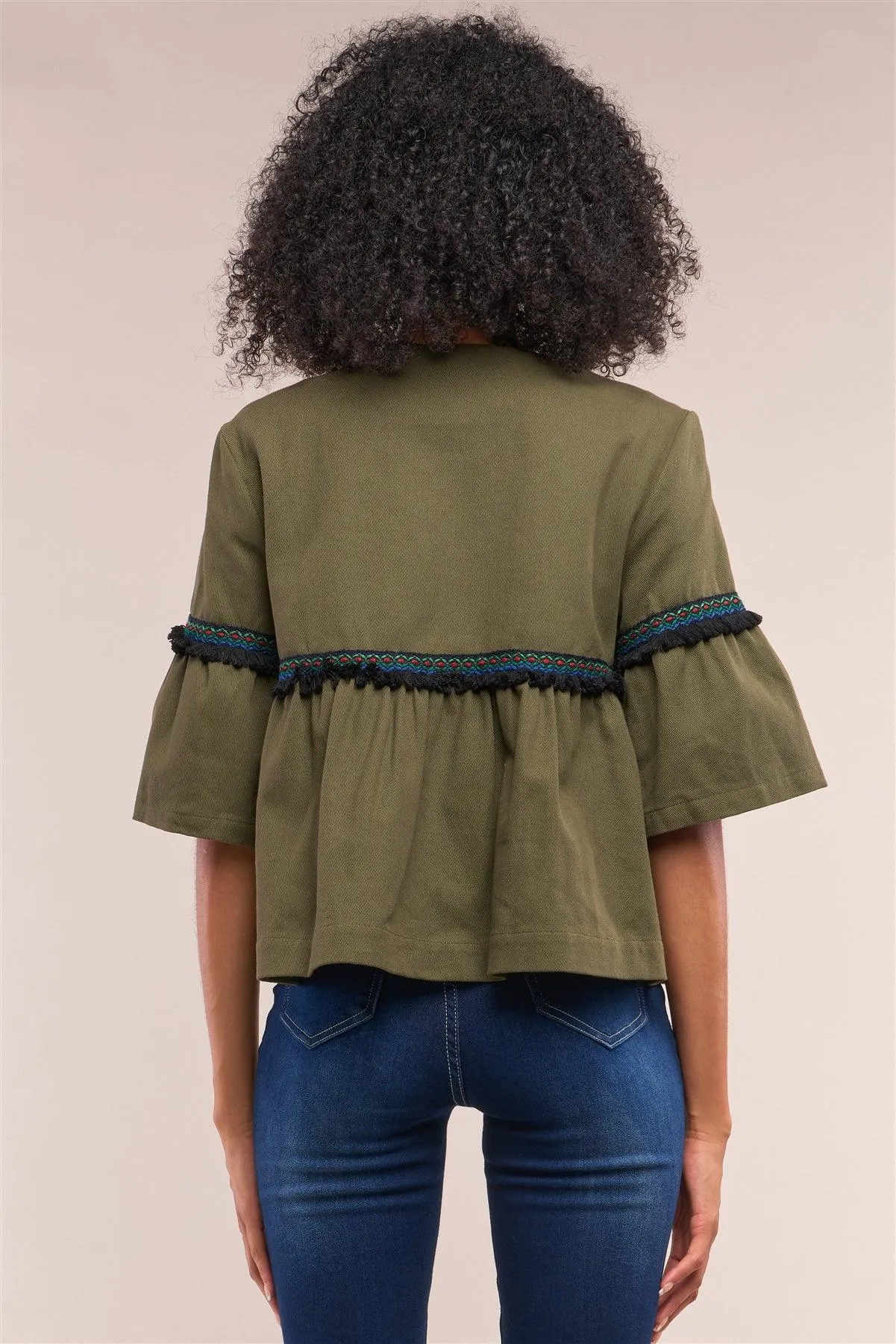 Olive Multicolor Embroidery Shredded Trim Detail Midi Bell Sleeve Crew Neck Flare Cropped Jacket /1-2-3-1