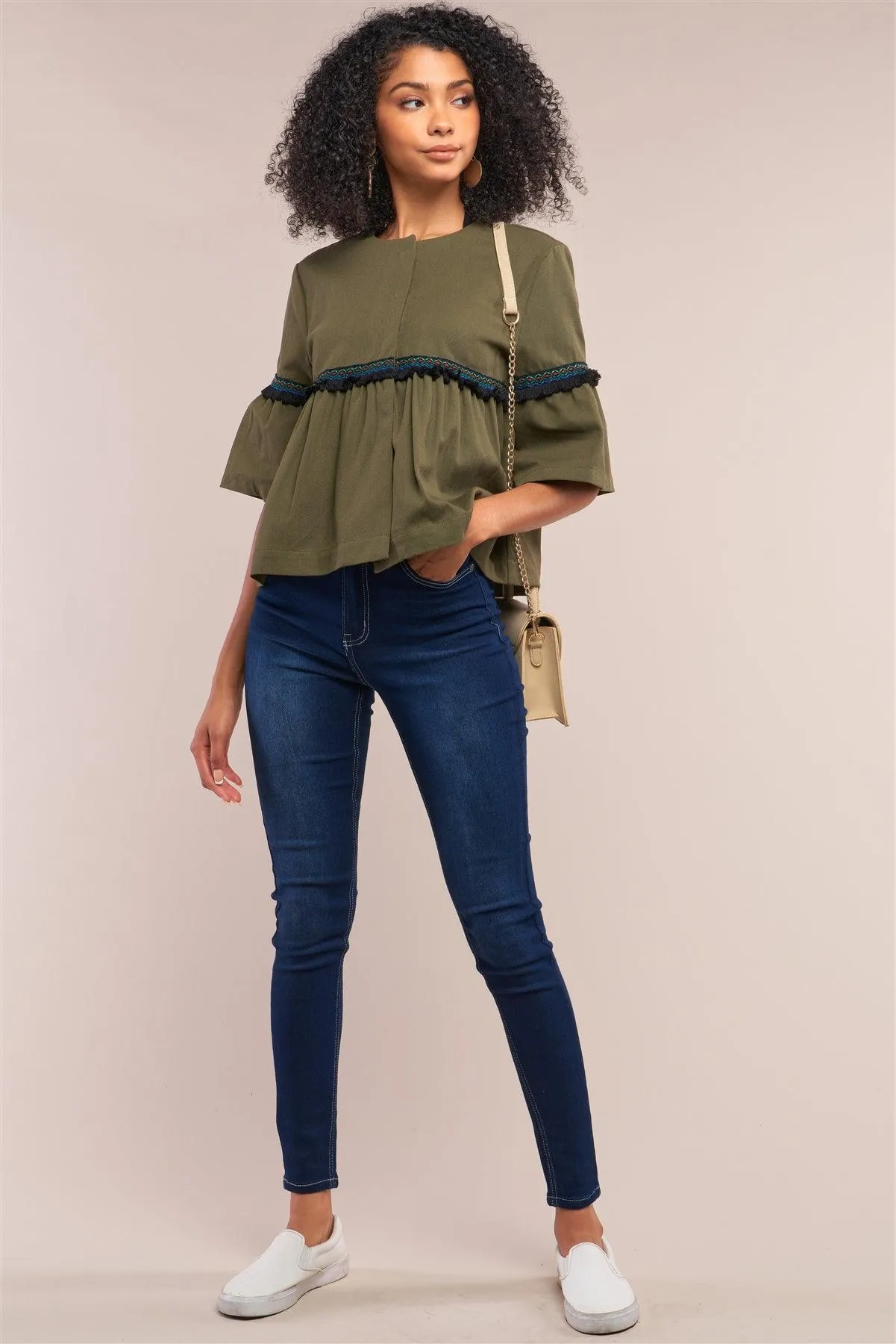 Olive Multicolor Embroidery Shredded Trim Detail Midi Bell Sleeve Crew Neck Flare Cropped Jacket /1-2-3-1