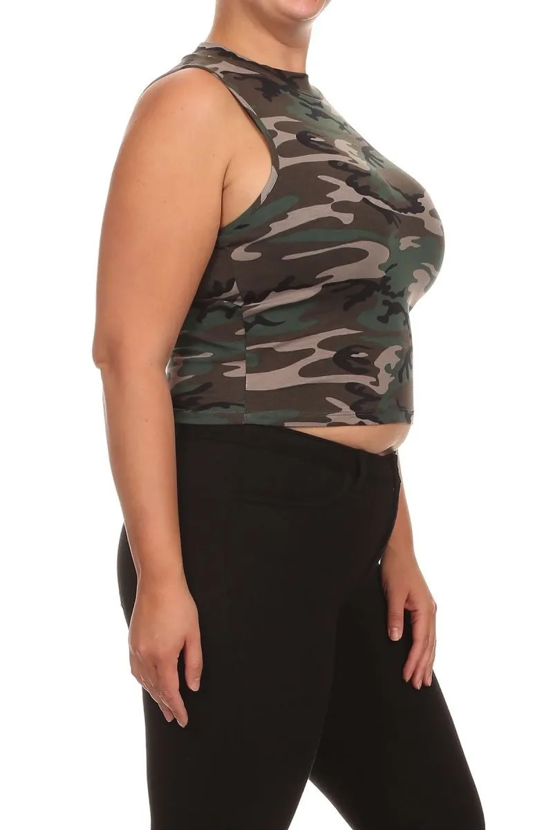 Plus Crop Top Camo Camouflage Sleeveless Shirt New Mock Print Sexy