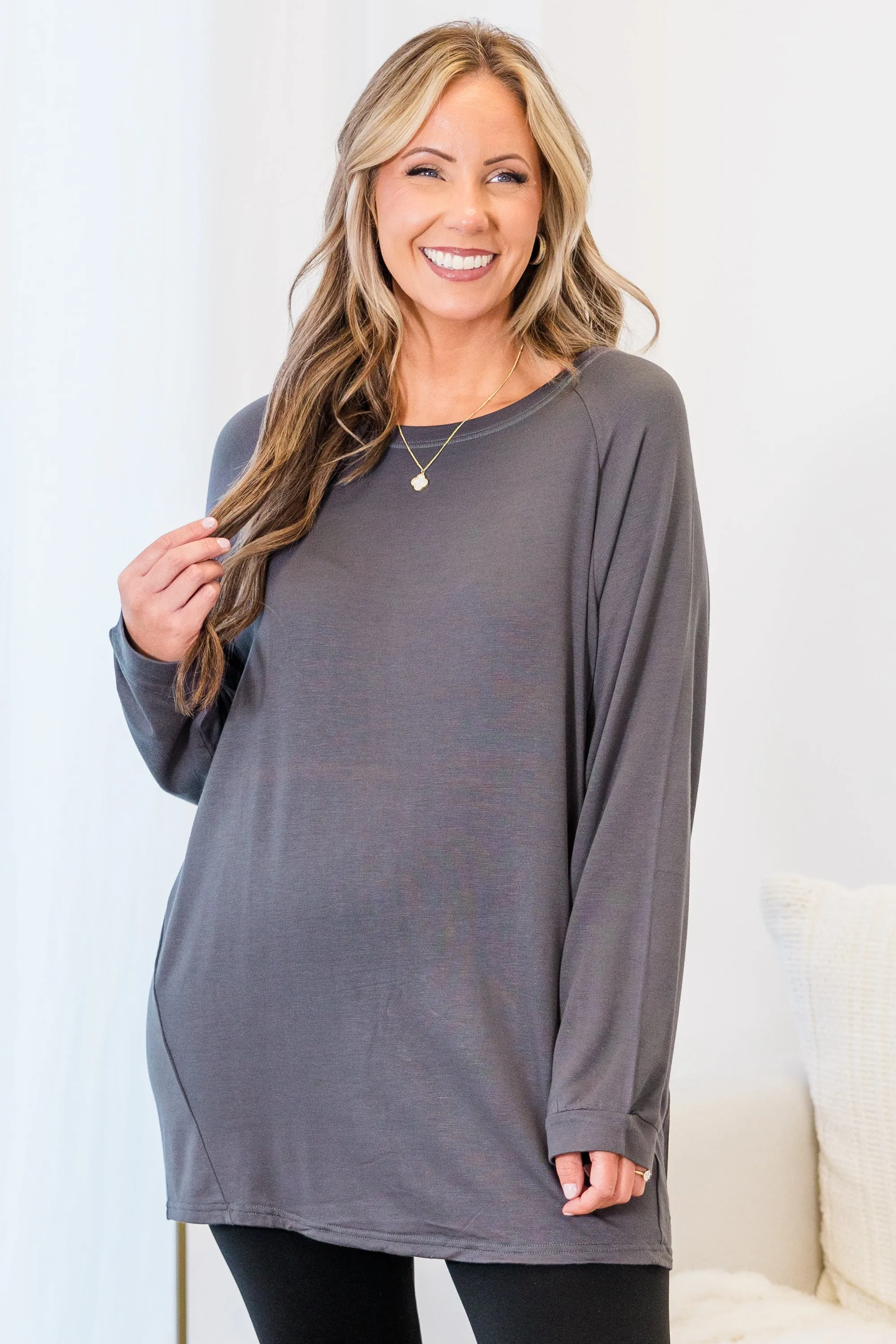 Relaxed Hem Slouchy Dolman Tunic, Charcoal Fleece