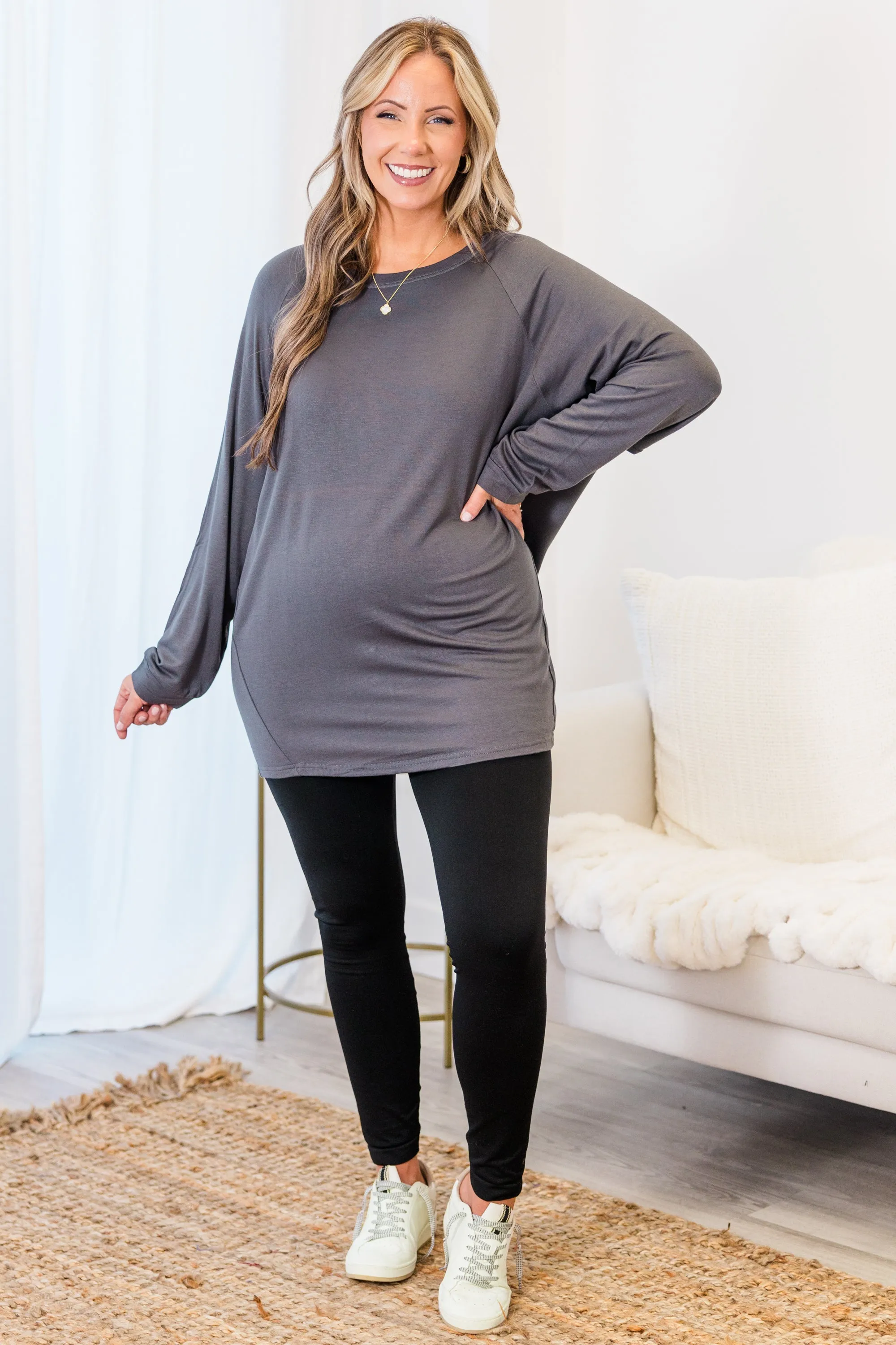 Relaxed Hem Slouchy Dolman Tunic, Charcoal Fleece