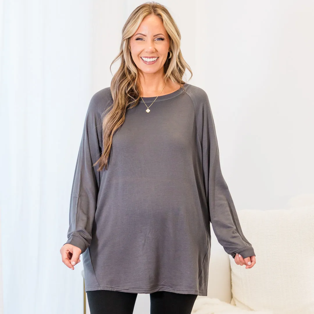 Relaxed Hem Slouchy Dolman Tunic, Charcoal Fleece