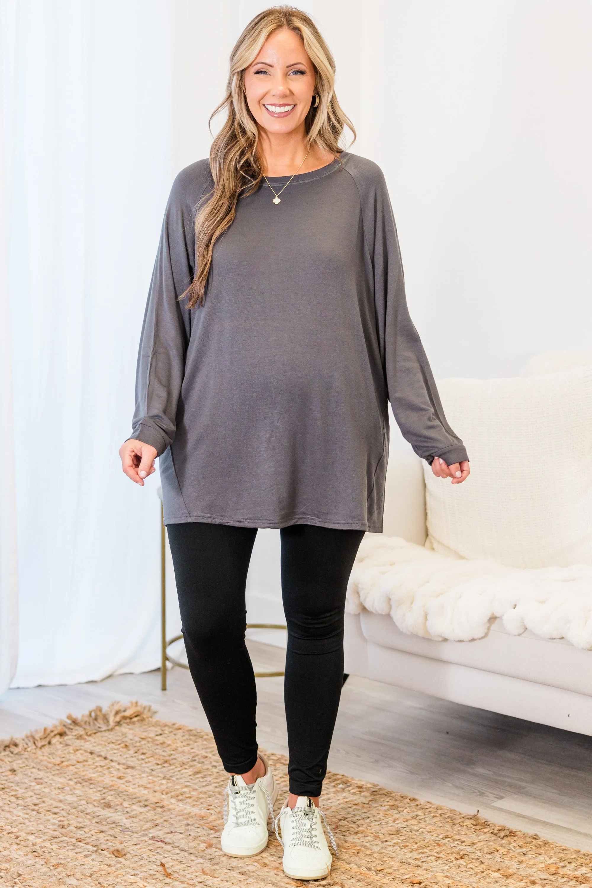 Relaxed Hem Slouchy Dolman Tunic, Charcoal Fleece