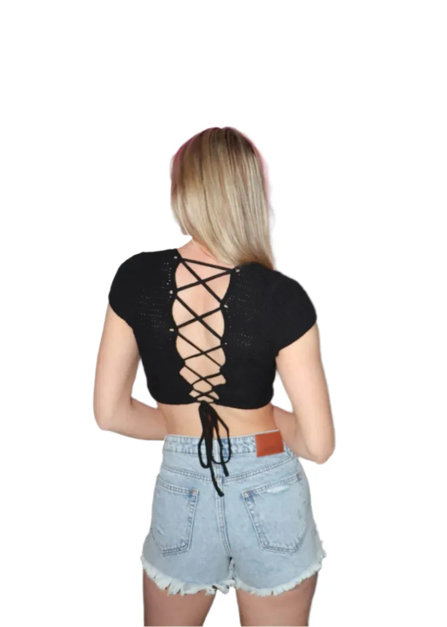 Rock N Rags - "Head High" Short Sleeve Top - Black - Crochet Cropped Lace Back