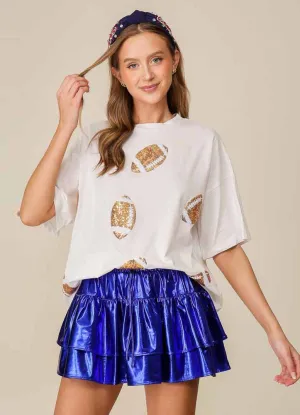 Round Neck SS Top with Sequin Footballs in White by Timing