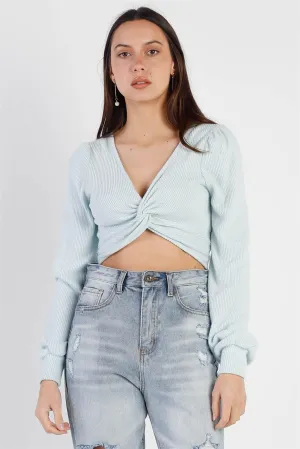 Sky Blue Ribbed Fluffy Front Twisted Detail Crop Top /2-2-1