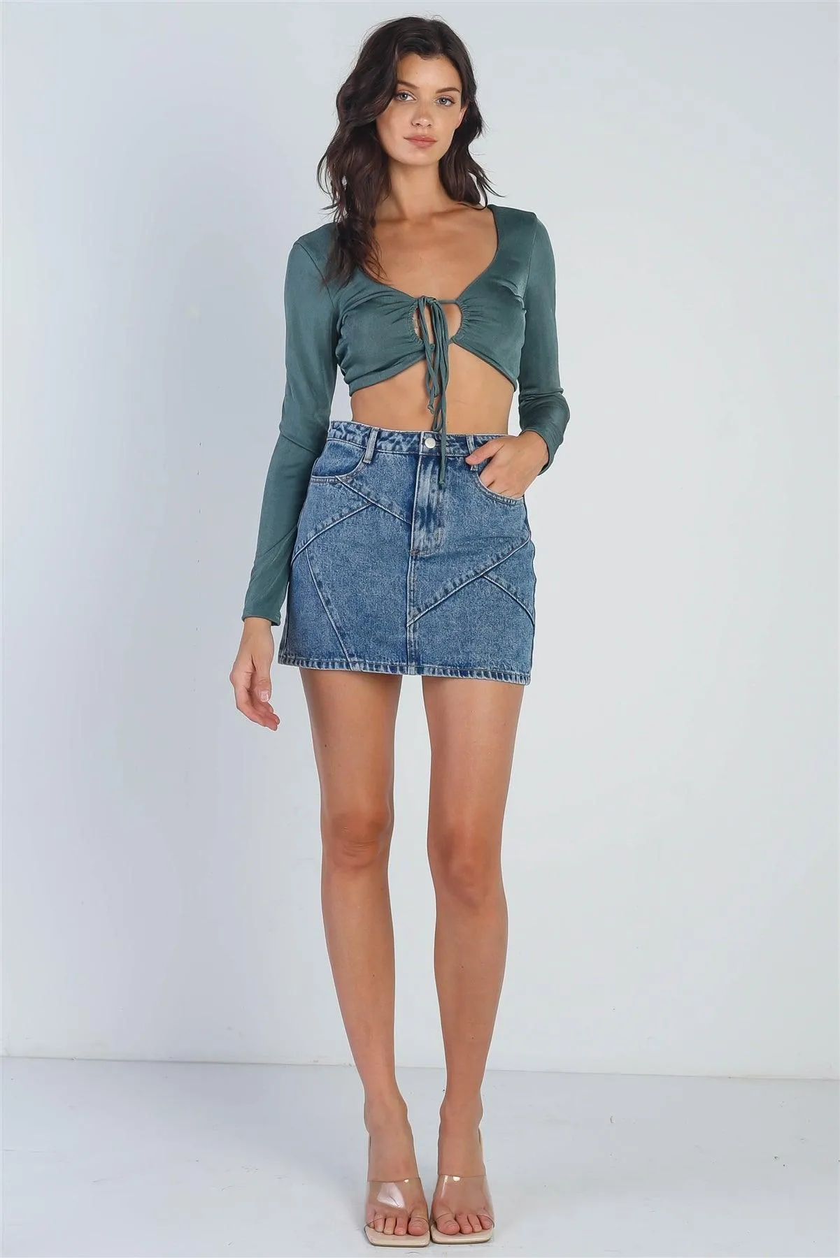 Teal Satin Effect Self-Tie Long Sleeve Crop Top /3-2-1