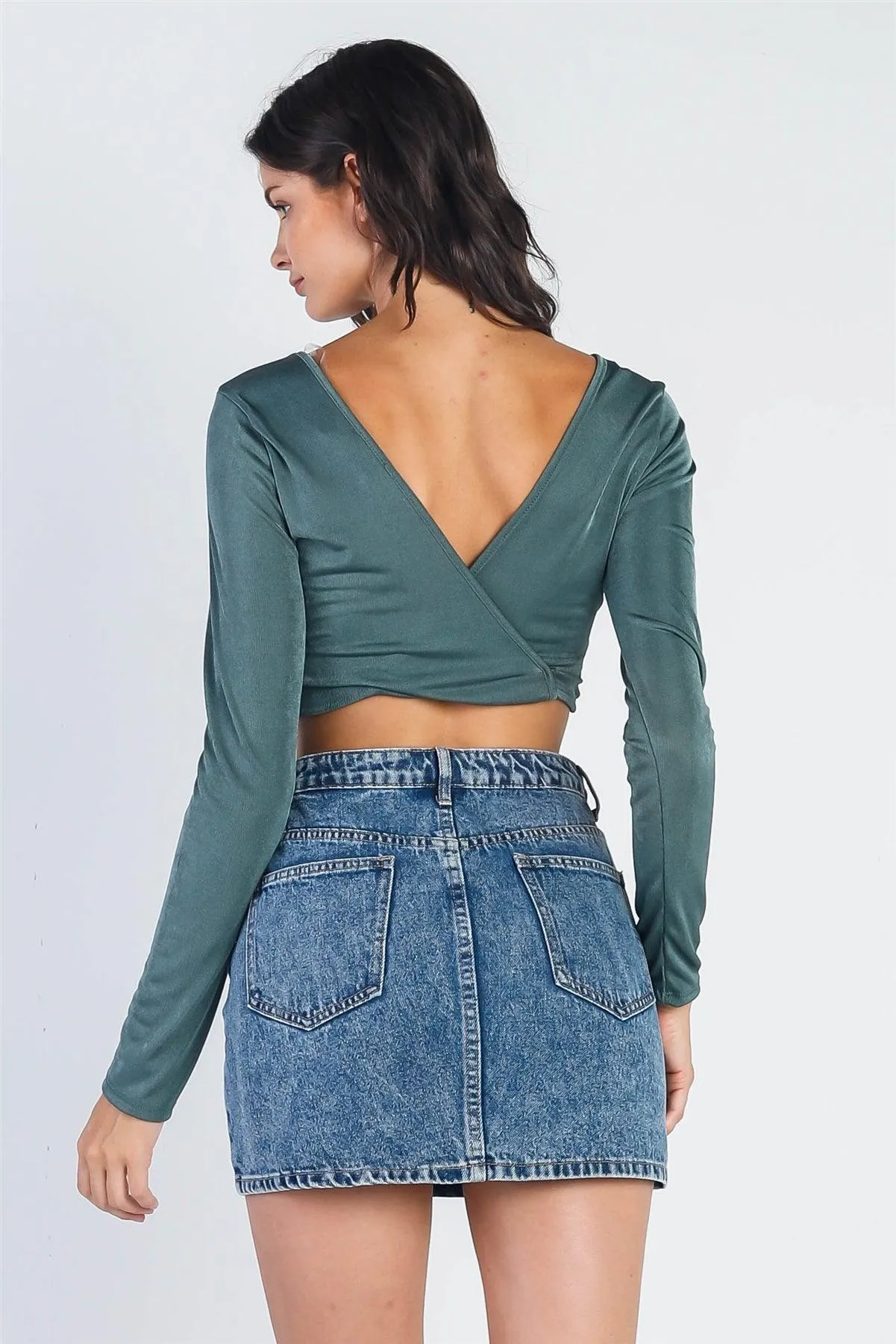 Teal Satin Effect Self-Tie Long Sleeve Crop Top /3-2-1